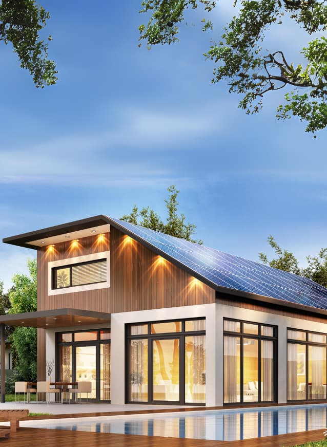 Modern house with grid-tied rooftop solar panels in a sunny residential area